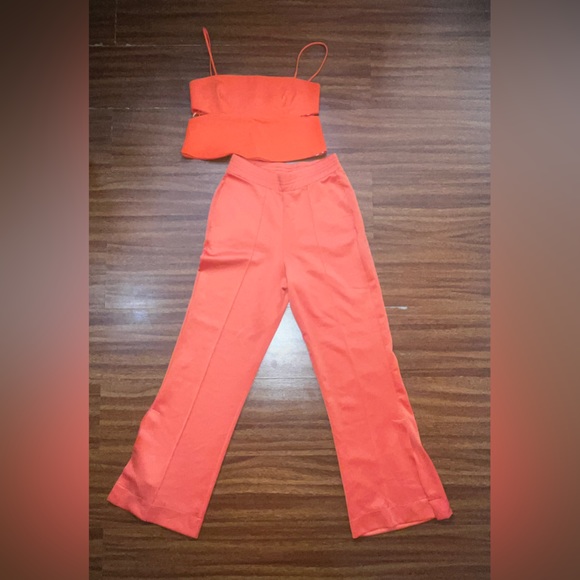 Zara Orange Wide Leg Slit Cuff High Rise Pants & Cut-Out Straight Neckline Crop - Picture 11 of 11